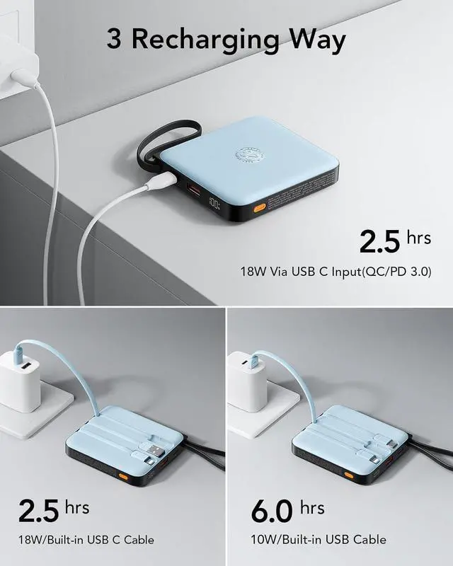 Alt view image 6 of 7 - 10000mAh Portable Charger for iPhone with Built-in Cables PD 20W Fast Charging Power Bank Battery Pack for iPhone 16 15 14 13  Galaxy S25 S24 Series Android Blue(1 Pack)