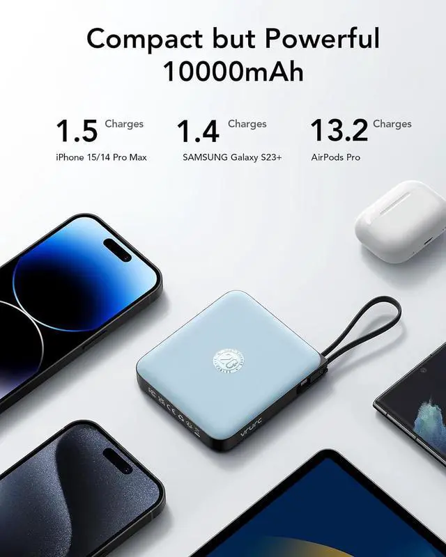 Alt view image 7 of 7 - 10000mAh Portable Charger for iPhone with Built-in Cables PD 20W Fast Charging Power Bank Battery Pack for iPhone 16 15 14 13  Galaxy S25 S24 Series Android Blue(1 Pack)