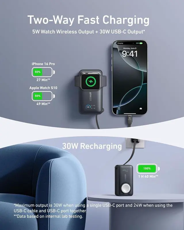 Alt view image 3 of 7 - Portable Charger for iPhone Built in Cables and Wall Plug 10000mah Slim Fast Charging USB C Power Bank Travel Essential Battery Pack Compatible with iPhones iPad  More Devices(Black)