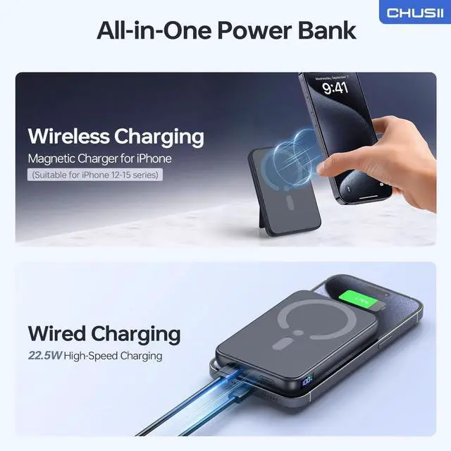 Alt view image 3 of 7 - for Magsafe Portable Charger 12000mAh Wireless Magnetic Power Bank with Stand and USB C in/Out Fast Charging for Magsafe Battery Pack Compatible with iPhone 15/14/13/12 Pro/Pro Max Series-Black