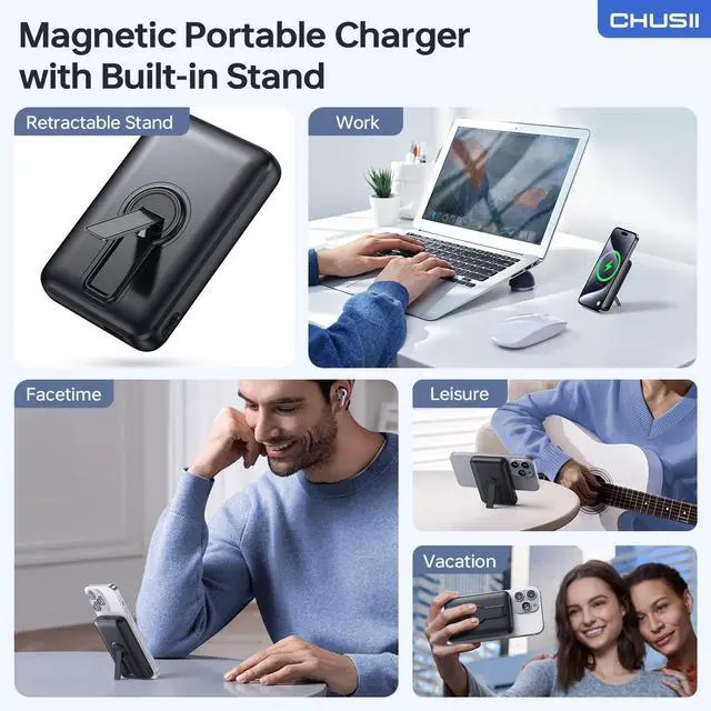 Alt view image 5 of 7 - for Magsafe Portable Charger 12000mAh Wireless Magnetic Power Bank with Stand and USB C in/Out Fast Charging for Magsafe Battery Pack Compatible with iPhone 15/14/13/12 Pro/Pro Max Series-Black