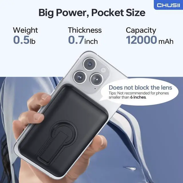 Alt view image 7 of 7 - for Magsafe Portable Charger 12000mAh Wireless Magnetic Power Bank with Stand and USB C in/Out Fast Charging for Magsafe Battery Pack Compatible with iPhone 15/14/13/12 Pro/Pro Max Series-Black