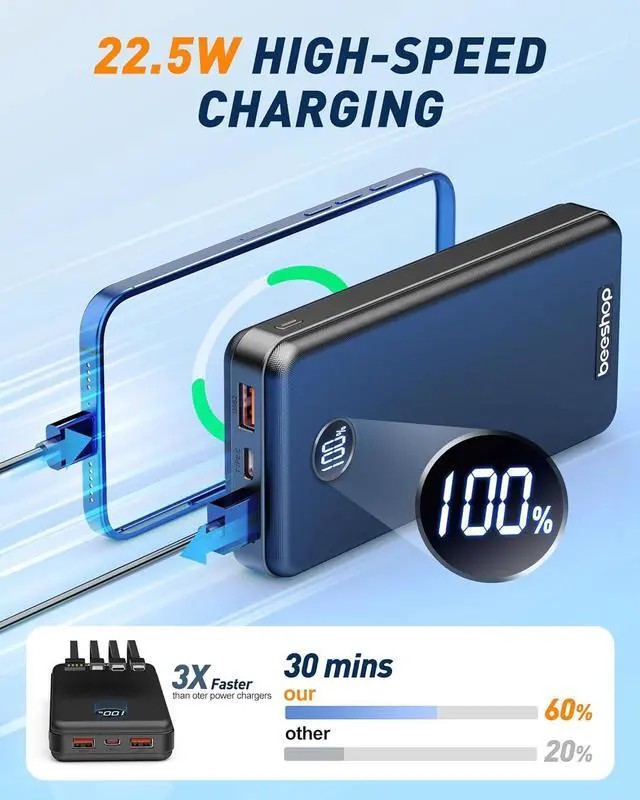 Alt view image 3 of 7 - BEESHOP Portable Charger Power Bank - 37000mAh Portable Battery with 4 Built-in Cables, 22.5W Fast Charging Battery Pack Bank Compatible with iPhone 16 15 14 13 Android Samsung Phone etc(1 Pack)