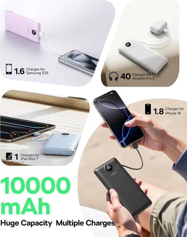 Alt view image 4 of 7 - Portable Charger for iPhone Built in Cables and Wall Plug 10000mah Slim Fast Charging USB C Power Bank Travel Essential Battery Pack Compatible with iPhone iPad  More Devices(Black)