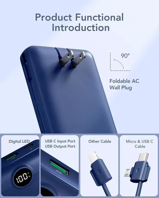 Alt view image 2 of 7 - VRURC Portable Charger 20000mAh, Fast Charging Power Bank USB C,4 Output 2 Input Travel Essentials Charging Bank Equipped with LED Display,Built-in Wall Plug and Cables,Phone Charger Battery,Navy