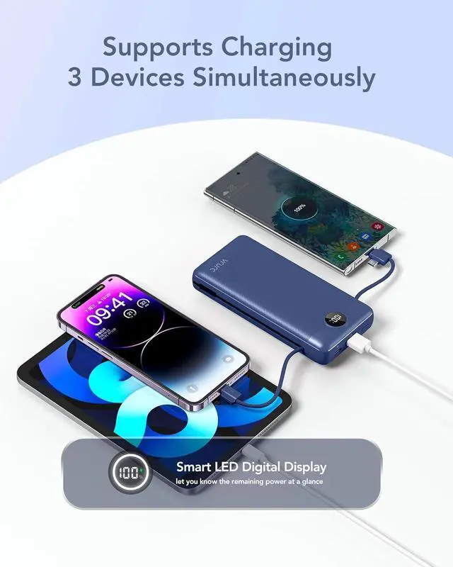 Alt view image 7 of 7 - VRURC Portable Charger 20000mAh, Fast Charging Power Bank USB C,4 Output 2 Input Travel Essentials Charging Bank Equipped with LED Display,Built-in Wall Plug and Cables,Phone Charger Battery,Navy