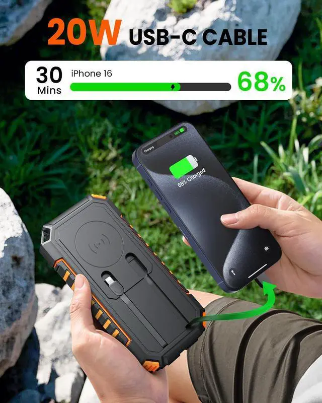 Alt view image 3 of 7 - Riapow Solar Charger Power Bank: 27000mAh Wireless Portable Charger Built-in Cables - 22.5W Fast Charging Battery Bank with USB C - PD QC3.0 External Battery Pack for Phone - 2 Flashlights for Outdoor