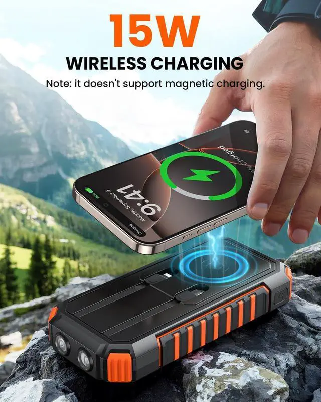 Alt view image 6 of 7 - Riapow Solar Charger Power Bank: 27000mAh Wireless Portable Charger Built-in Cables - 22.5W Fast Charging Battery Bank with USB C - PD QC3.0 External Battery Pack for Phone - 2 Flashlights for Outdoor