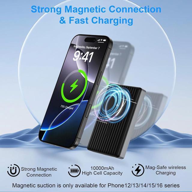 Alt view image 2 of 7 - Wireless Portable Charger Android Magnetic Power Bank for Galaxy S25 Ultra/S24 Ulra FE/S23/S22/S21/S20/Pixel 9/8a/8 10000mAh Magsafe Battery Pack 20W USB-C Cable Fast Charging for iPhone 16/15
