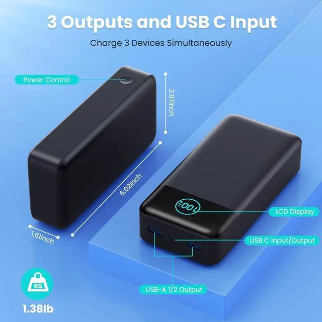 Alt view image 3 of 7 - Portable Charger 50800mAh Power Bank 25W PD QC 4.0 USB C Fast Charging External Battery Pack 3 Output LCD Display Portable Cellphone Charger Compatible with iPhone 16/15/14/13/12  Android etc
