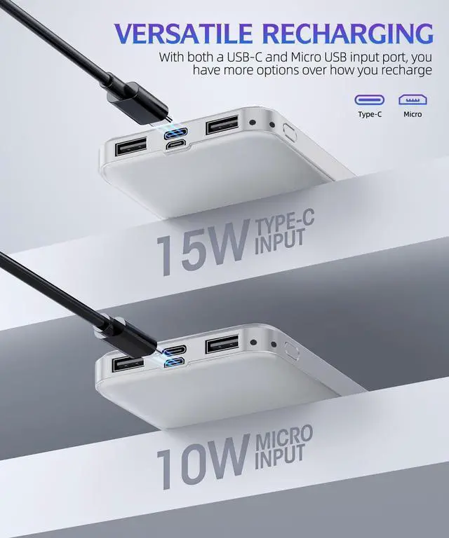 Alt view image 4 of 7 - Portable Charger 2-Pack 15000mAh Power Bank Dual USB and Type-C Output 5V3.1A Fast Charger Battery Pack for iPhone 16 15 14 13 12 X  S24 S23 Google iPad etc (Light Black and White)