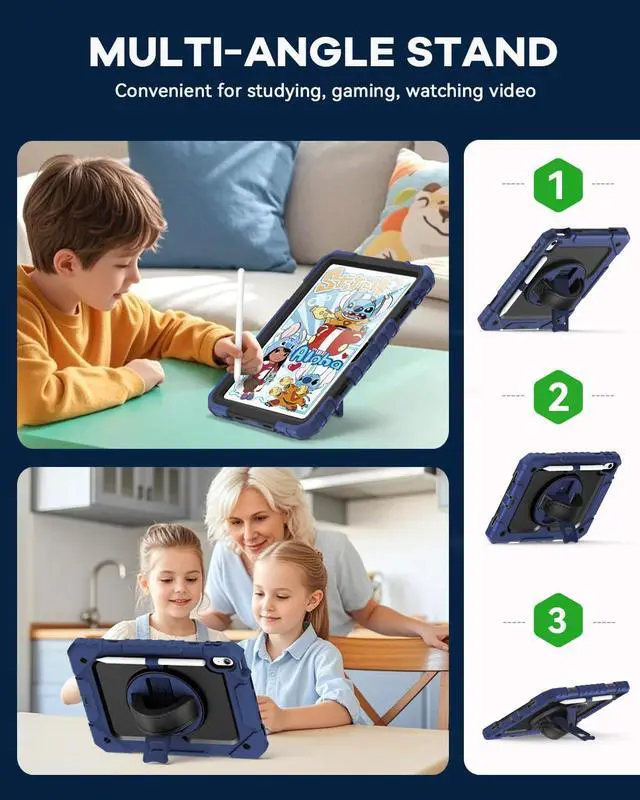 Alt view image 5 of 7 - Cantis Case for iPad 11-inch (A16) 2025/ iPad 10th Generation 2022 (10.9 inch) with Screen Protector iPad 11th Case with 360 Degree Rotating Stand/Shoulder Strap/Pencil Holder Navy Blue