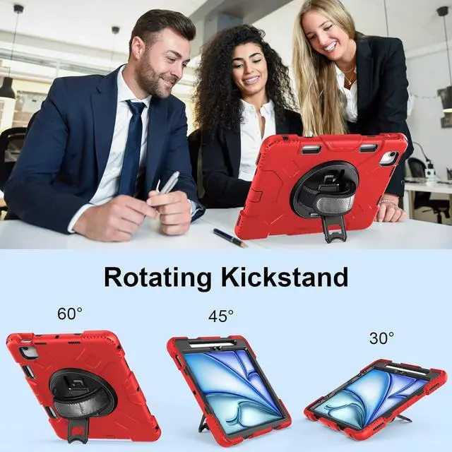 Alt view image 2 of 7 - Case for iPad Air 11 Inch 2024: Military Grade Full-Body Protective Cover Case for iPad Air 11 - Rotating Stand - Hand/Shoulder Strap Red