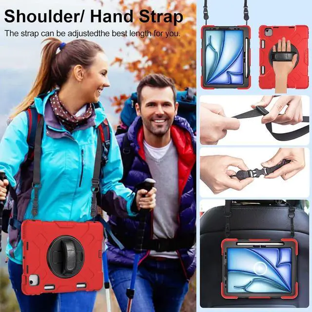 Alt view image 3 of 7 - Case for iPad Air 11 Inch 2024: Military Grade Full-Body Protective Cover Case for iPad Air 11 - Rotating Stand - Hand/Shoulder Strap Red