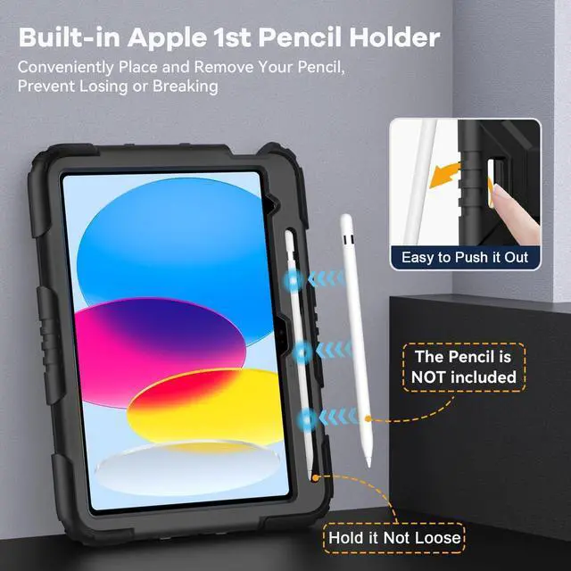 Alt view image 4 of 7 - OKP Case for iPad 11 inch (A16) 2025/ iPad 10th Generation 10.9'' 2022, Heavy Duty Shockproof Rugged 11th/ 10 th Gen Protective Cover with Pencil Holder/Kickstand for Kids Women Men, Black