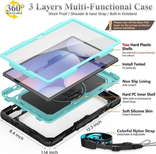 Alt view image 7 of 7 - Case for  Galaxy Tab S10 Plus/ S9 FE Plus/ S9 Plus 5G Tablet 12.4 Case with Screen Protector Pencil Holder [360 Rotating Hand Strap] &Stand Drop-Proof Skyblue1