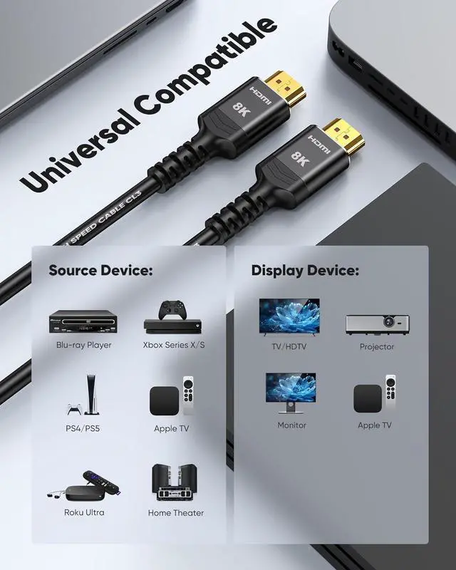 Alt view image 7 of 7 - Long HDMI Cable 15 FT 4K 8K 10K HDMI 2.1 Cord Ultra High Speed [in-Wall CL3 Rated 8K@60Hz 4K@120Hz Video 48Gbps] Fit Durable Flexible eARC HDCP Compatible for Ethernet SoundBar