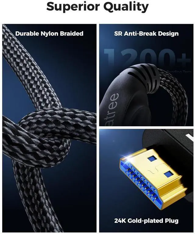 Alt view image 3 of 7 - HDMI Cable 15FT Long - Certified 8K Ultra High Speed HDMI Cable 48Gbps Braided HDMI Cord 8K 60hz 4K 120hz eARC HDCP 2.2&2.3 - Compatible for HDTV/PS5