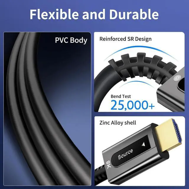 Alt view image 4 of 7 - Certified Fiber Optic HDMI Cable 6.6 ft 8K Long HDMI 2.1 Cable 48Gbps Ultra High Speed HDMI Cord 8K@60Hz 4K@120Hz eARC HDR10 Dolby Vision for PS4/PS5/Xbox Series X/S Home Theater Gaming