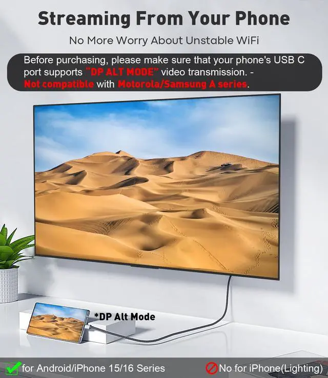 Alt view image 3 of 7 - USB C to HDMI Cable 6Ft | 4K High-Speed USB 3.1 Type-C to HDMI Cord [Thunderbolt 3/4/5 Compatible] with MacBook Galaxy S9 to S24 iPhone 15/16 iPad Pro iMac Surface