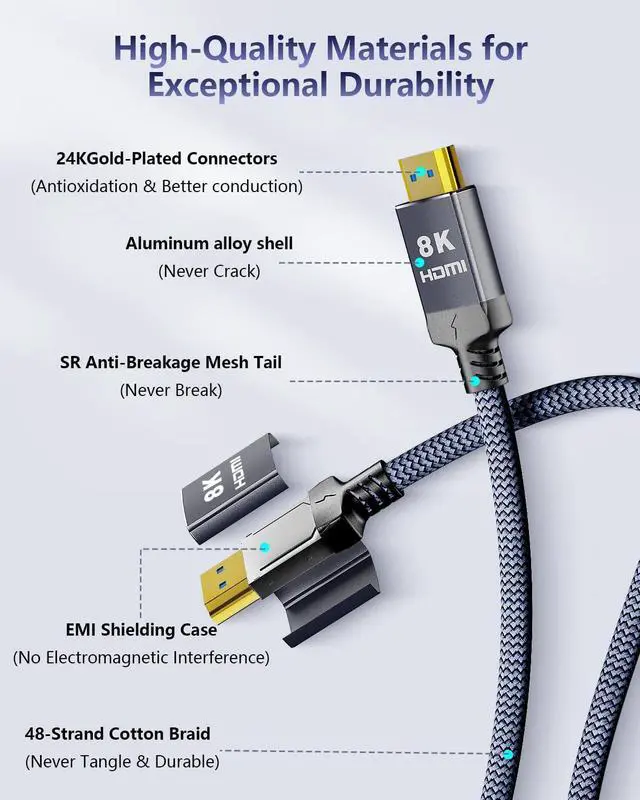 Alt view image 5 of 7 - 10K 8K HDMI 2.1 Cable 6.6FT eARC Certified Ultra High Speed PS5 HDMI Cable Braided-8K@60Hz 4K@120Hz 48Gbps HDCP 2.2 & 2.3 HDR 10 Compatible with PS5/Xbox/TV/RTX 4090/Monitor