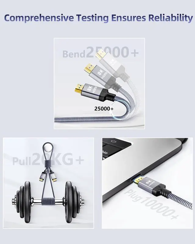 Alt view image 6 of 7 - 10K 8K HDMI 2.1 Cable 6.6FT eARC Certified Ultra High Speed PS5 HDMI Cable Braided-8K@60Hz 4K@120Hz 48Gbps HDCP 2.2 & 2.3 HDR 10 Compatible with PS5/Xbox/TV/RTX 4090/Monitor