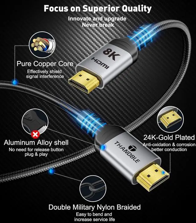 Alt view image 3 of 7 - 10K 8K HDMI 2.1 Cable 6.6 FT 48Gbps Certified Ultra High Speed HDMI? Cables Cord 8K@60Hz 4K@120Hz DTS:X HDCP 2.2&2.3 HDR 10 eARC 12Bit Compatible for Laptop/Monitor/PS5/Xbox/UHD TV/PC
