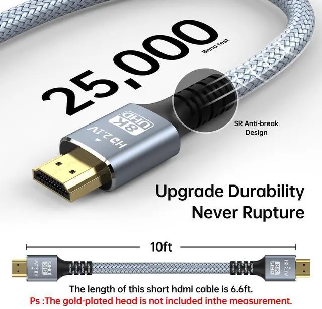 Alt view image 6 of 7 - 8K 10K 4K HDMI Cable 48Gbps 10FT/3M Certified Ultra High Speed HDMI Cable Braided Cord-4K@120Hz 8K@60Hz DTS:X HDCP 2.2 & 2.3 HDR 10 Compatible for  TV/PS5/HDTV/Blu-ray (1)