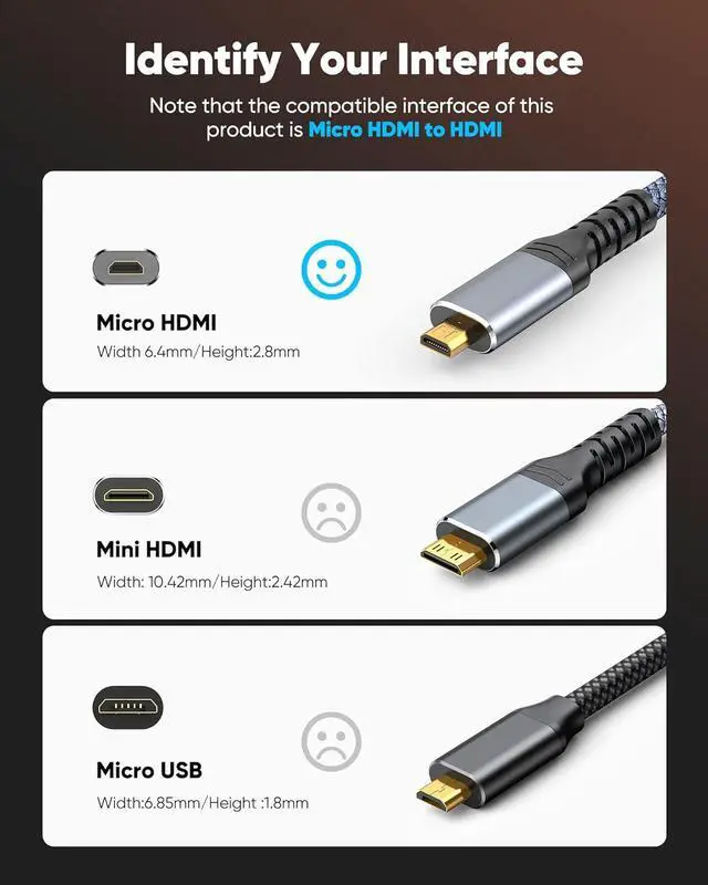 Alt view image 3 of 7 - 4K Micro HDMI to HDMI Cable 10 FT 4K@60Hz Micro HDMI Cord HDR Compatible for DSLR Camera Raspberry Pi GoPro Hero to TV Laptop Computer Monitor for Video Audio Image Streaming
