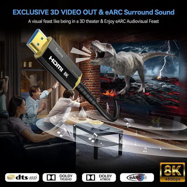 Alt view image 4 of 7 - Fiber Optic HDMI Cable 50FT 8K (HDMI 2.1 48Gbps) Ultra High Speed HDMI Cord with Gold Plated Connectors 8K@60Hz 4K@120Hz Compatible for PS4/5 PC HDTV Projector Large Display Male-to-Male