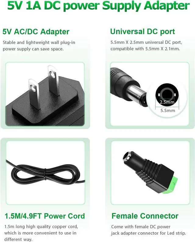 Alt view image 2 of 6 - 5V 1A DC Power Supply Adapter 5W AC/DC Charger AC 100V-240V to D C 5 Volt 1Amp 0.5A Replacement Power Cord for Security Camera Baby Monitor Graco Swing TV Box Raspberry Pi Type C with 8TIPS