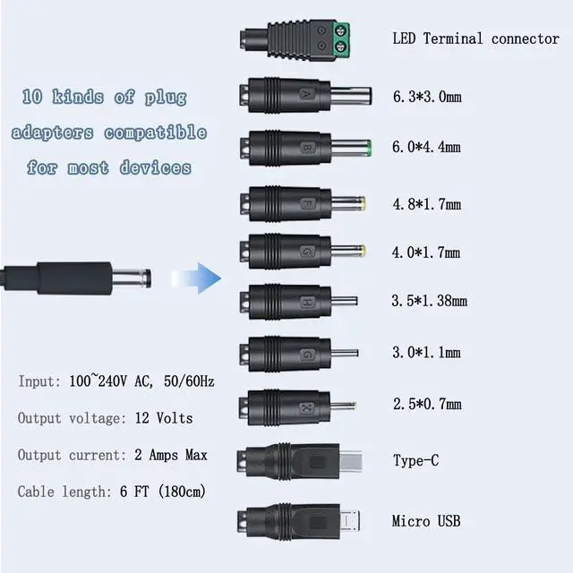 Alt view image 3 of 7 - 12V 2A Power Supply AC Adapter with 10 Tips ETL Certified Regulated 12 Volt Replacement Charger Cord for LED Strip Light CCTV Camera BT Speaker GPS Webcam Router DC Transformer (6ft)