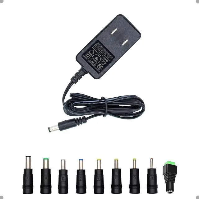 Main image of 12V 1A 0.8A 0.5A 5FT Power Supply Adapter 12W AC DC Adapter with 5.5 x 2.1mm Plug and 9 Interchangeable Jacks Plug for LED Strip Light BT Speaker GPS Webcam Router etc 1 Pack