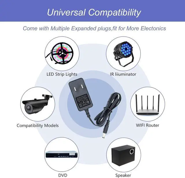Alt view image 5 of 7 - 12V 1A 0.8A 0.5A 5FT Power Supply Adapter 12W AC DC Adapter with 5.5 x 2.1mm Plug and 9 Interchangeable Jacks Plug for LED Strip Light BT Speaker GPS Webcam Router etc 1 Pack