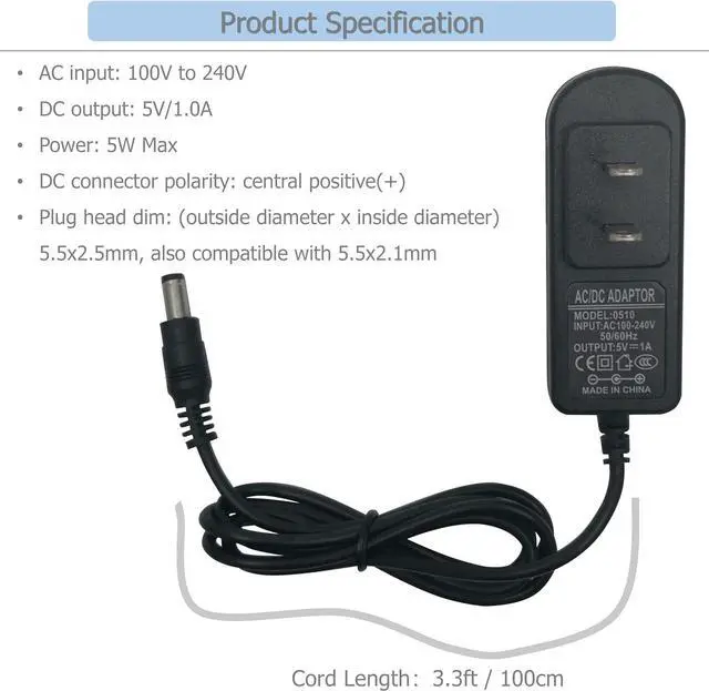 Alt view image 3 of 6 - Excelity AC-DC 5V 1A Wall Charger Power Adapter with Plug 5.5 x 2.5mm / 5.5 x 2.1mm