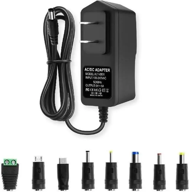 Main image of 5V DC Power Supply 1A Universal AC Adapter 100-240 50/60Hz Adapter to 5 Volts 1Amp Transformer DC 5V Power Cord 5.5mm x 2.5mm Plug & 8 Tips