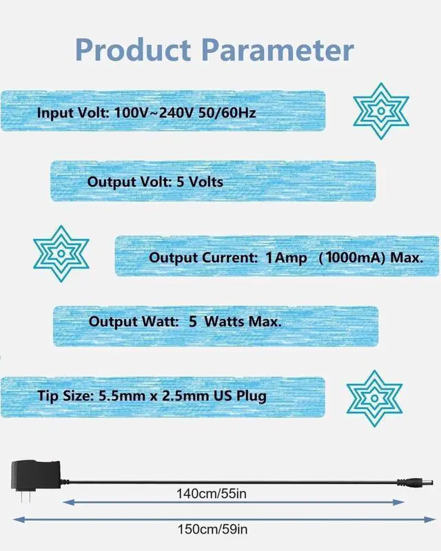 Alt view image 2 of 6 - 5V DC Power Supply 1A Universal AC Adapter 100-240 50/60Hz Adapter to 5 Volts 1Amp Transformer DC 5V Power Cord 5.5mm x 2.5mm Plug & 8 Tips