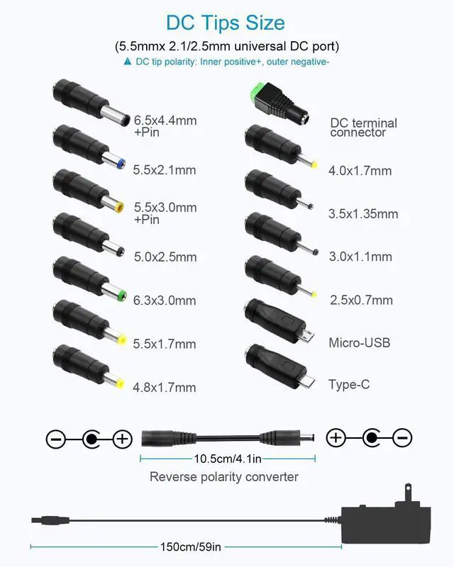 Alt view image 3 of 7 - 30W Universal AC to DC Power Supply Adapter 3V to 12V Adjustable with 14Adapter Tips & USB Port for Household Electronics Routers 2.5A Max