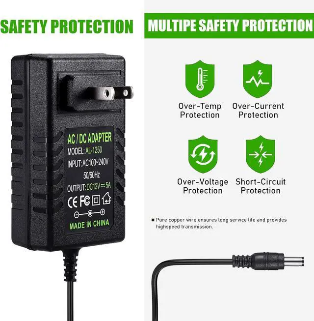 Alt view image 4 of 7 - DC AC Wall Outlet Power Supply 60W 12V/5A Adaptor 5.5x2.5mm Connector