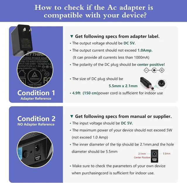 Alt view image 6 of 6 - 5V 1A AC Adapter Power Supply Charger 5W Universal AC/DC Adapter 100-240V AC to DC 5V Power Cord Converter with 11 Interchangeable Jacks Plug for USB Hub TV Box Router Camera and More (1 Pack)