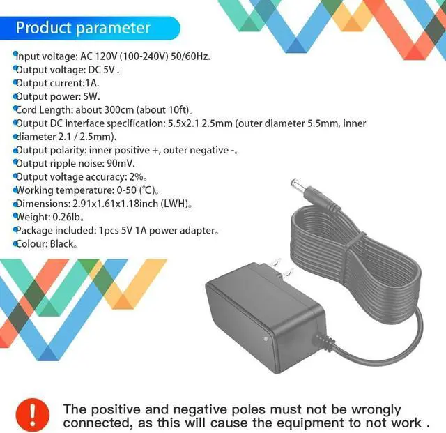 Alt view image 5 of 7 - 5V 1A Power Supply Adapter 5W AC/DC Wall Charger adaper 10ft Extension Power Cord Replacement with 5.5x2.5mm/2.1mm Plug 5 Volt 1Amp Power Adapter Transformer Cable [10ft]