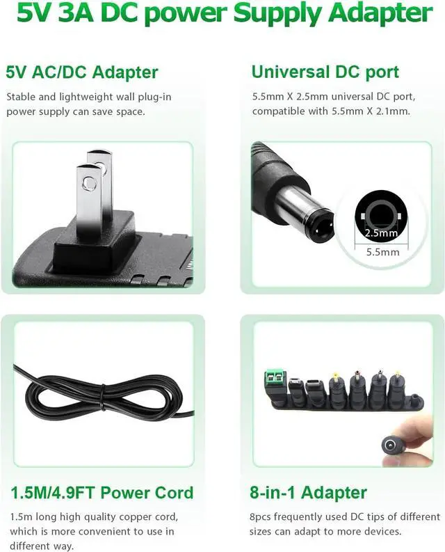 Alt view image 2 of 6 - 5V 3A Power Supply Adapter 15W AC/DC 5V Power Cord AC 100V-240V to DC 5 Volt Power Supply 3Amp 2A 1A 500mA for LED Lights Security Camera HDMI TV Box Raspberry Pi USB Type C with 8TIPS