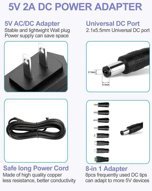Alt view image 2 of 5 - 5V 2A 10W DC Power Supply Adapter AC/DC Wall Charger AC 100V-240V to DC 5 Volt 2Amp 1A 1.5A Replacement Power Cord USB Type C for Security Camera Baby Monitor Scanner TV Box Raspberry USB Hub