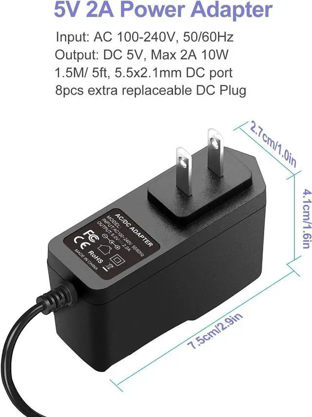 Alt view image 4 of 5 - 5V 2A 10W DC Power Supply Adapter AC/DC Wall Charger AC 100V-240V to DC 5 Volt 2Amp 1A 1.5A Replacement Power Cord USB Type C for Security Camera Baby Monitor Scanner TV Box Raspberry USB Hub