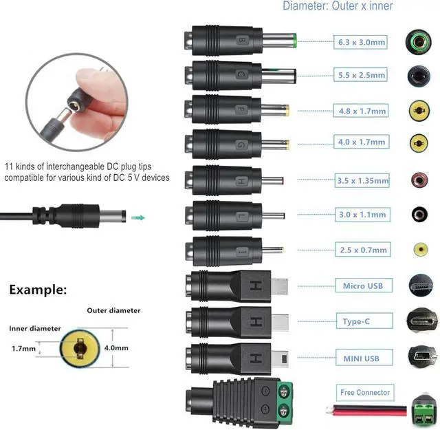 Alt view image 2 of 7 - 5V 1A AC Adapter DC5V Power Supply Cord with 11 Plug Tips AC to DC 5Volt 1A 500mA 400mA 200mA 100mA Power Adapter for Baby Monitor Graco Swing Camera Raspberry Pi USB Type-C 5V Wall Charger 6FT