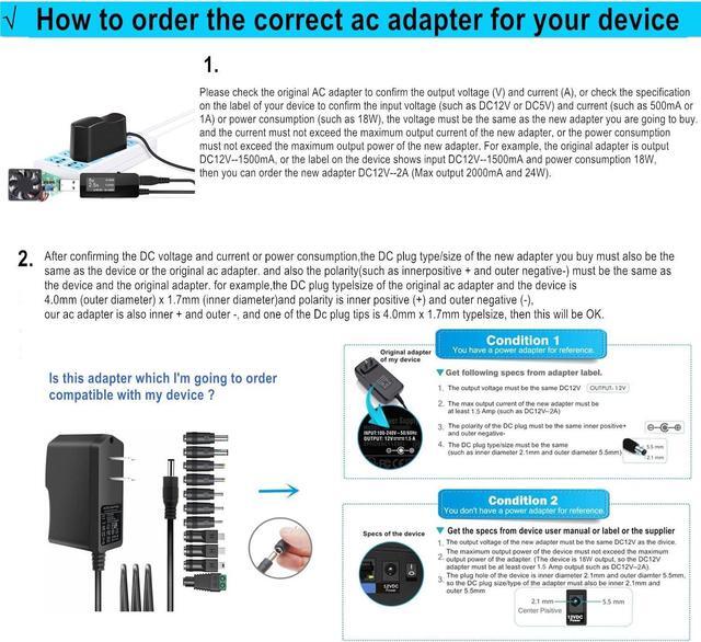 Alt view image 3 of 7 - DC12V Power Supply 1A 12V AC Adapter with 11 Changeable DC Plug Tips AC100-240V to DC12V 1000mA 800mA 600mA 500mA 400mA 200mA 100mA Charger Replacement 6FT