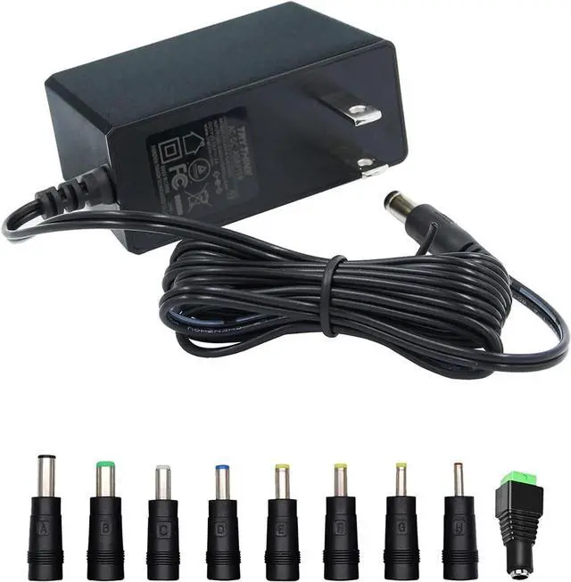 Main image of 12V Power Supply 12V 2A 24W Universal AC to DC Power Supply Adapter with 5.5mm x 2.1mm Tip and 9 Interchangeable Jacks Plug for LED Strip Lights CCTV Cameras Routers Speakers and More 1 Pack
