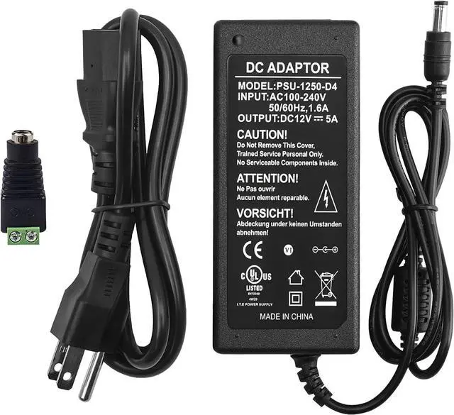 Main image of 12V 5A Power Supply Adapter AC 100-240V to DC 12V Transformer for CCTV Security Surveillance Cameras Router LED Strip Light with Female Plug Connector Terminal UL-Listed by