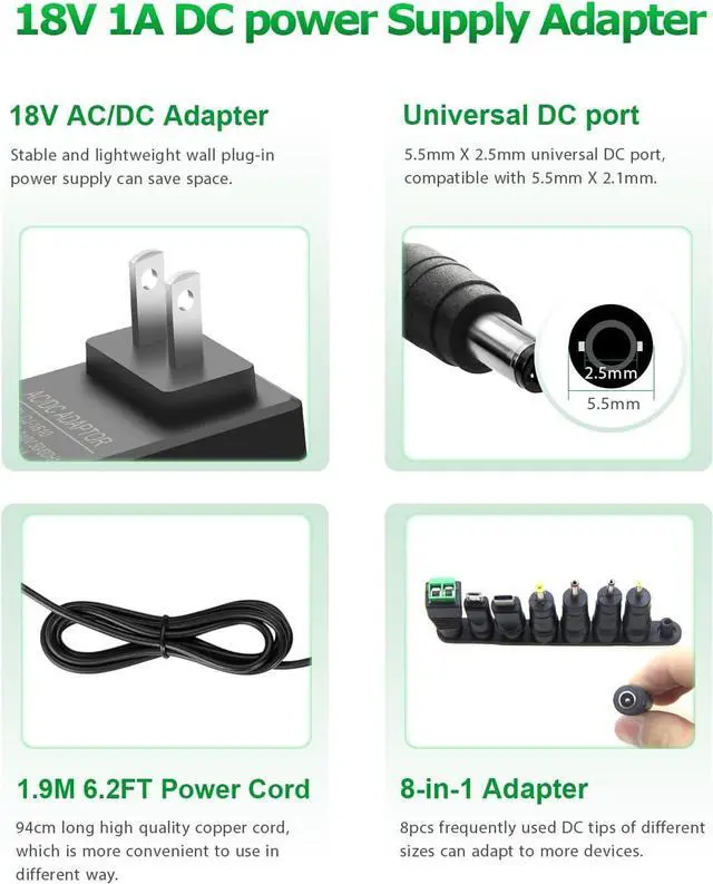 Alt view image 2 of 6 - 18V 1A 18W DC Power Supply Adapter AC/DC Charger AC 100V-240V to DC 18 Volt 1000mA 500mA 100mA Replacement Power Cord for Camera Desk Lamp BT Speaker Router TV Box USB Type C with 8TIPS 6.56FT