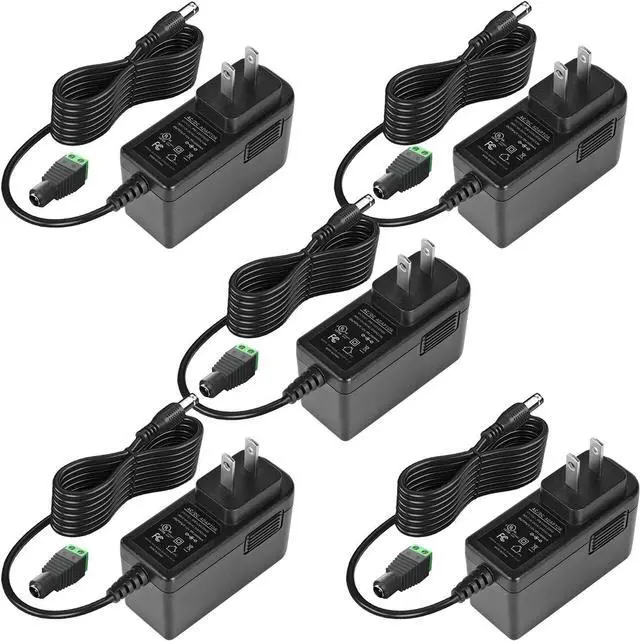 Main image of 12V 2A Power Supply Adapter UL-Listed 120V AC to 12V DC Adapter Transformer 12 Volt 2 Amp 24W Wall Charger for LED Strip Lights Security Camera 5.5x2.1mm US Plug (5 Pack)